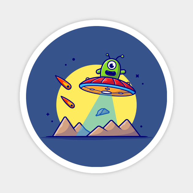 Cute Alien Flying on Planet with UFO and Meteorite Space Cartoon Vector Icon Illustration Magnet by Catalyst Labs